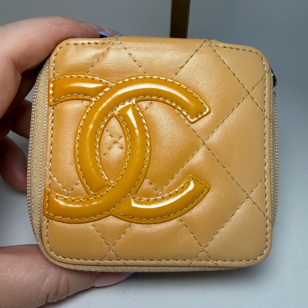 Chanel Beige Cambon Quilted Coin Purse/Mini Cosmetic Case with mirror & COA